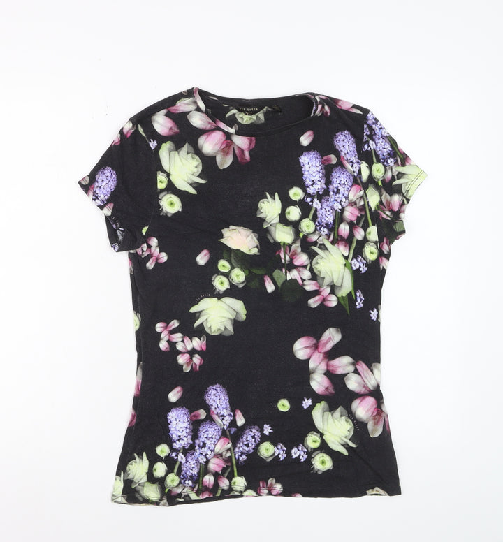 Ted Baker Women Black Floral Short Sleeve Viscose T-Shirt Size 10