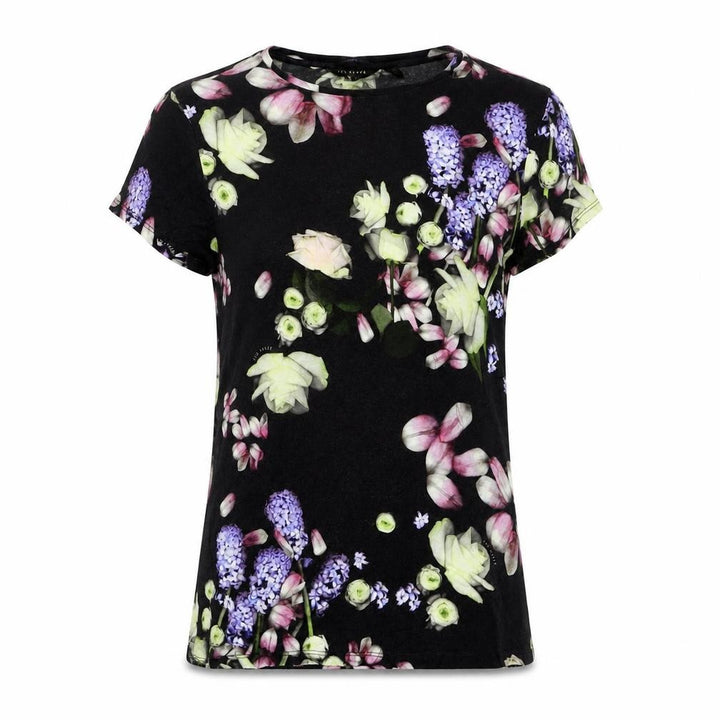 Ted Baker Women Black Floral Short Sleeve Viscose T-Shirt Size 10