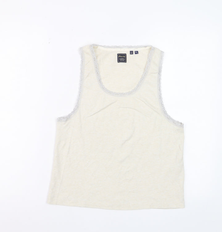Superdry Women Ivory Lace Trim Cotton Tank Top M Regular Fit