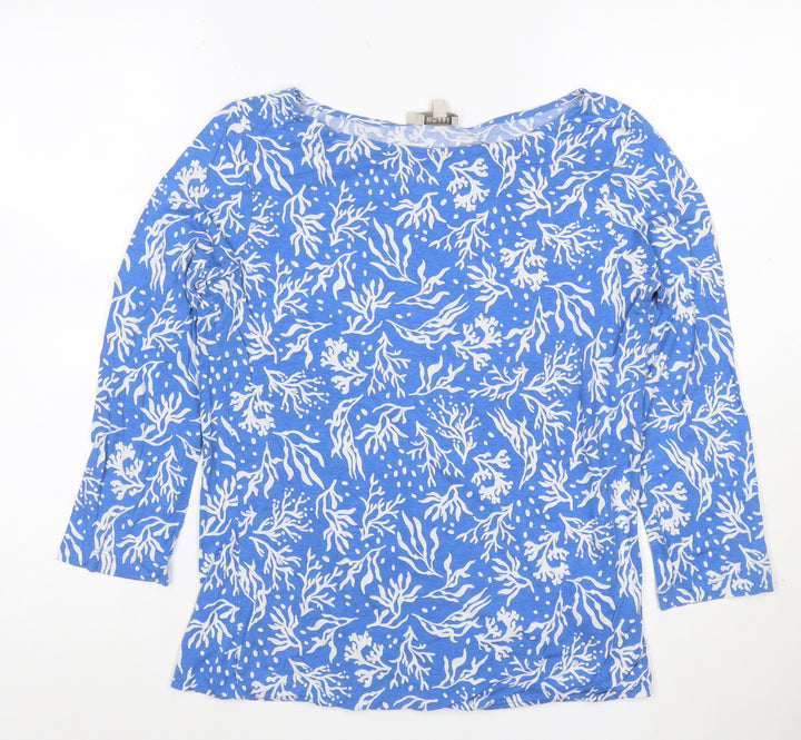 Hobbs Women Blue Floral 3/4 Sleeve Cotton Boat Neck T-Shirt M