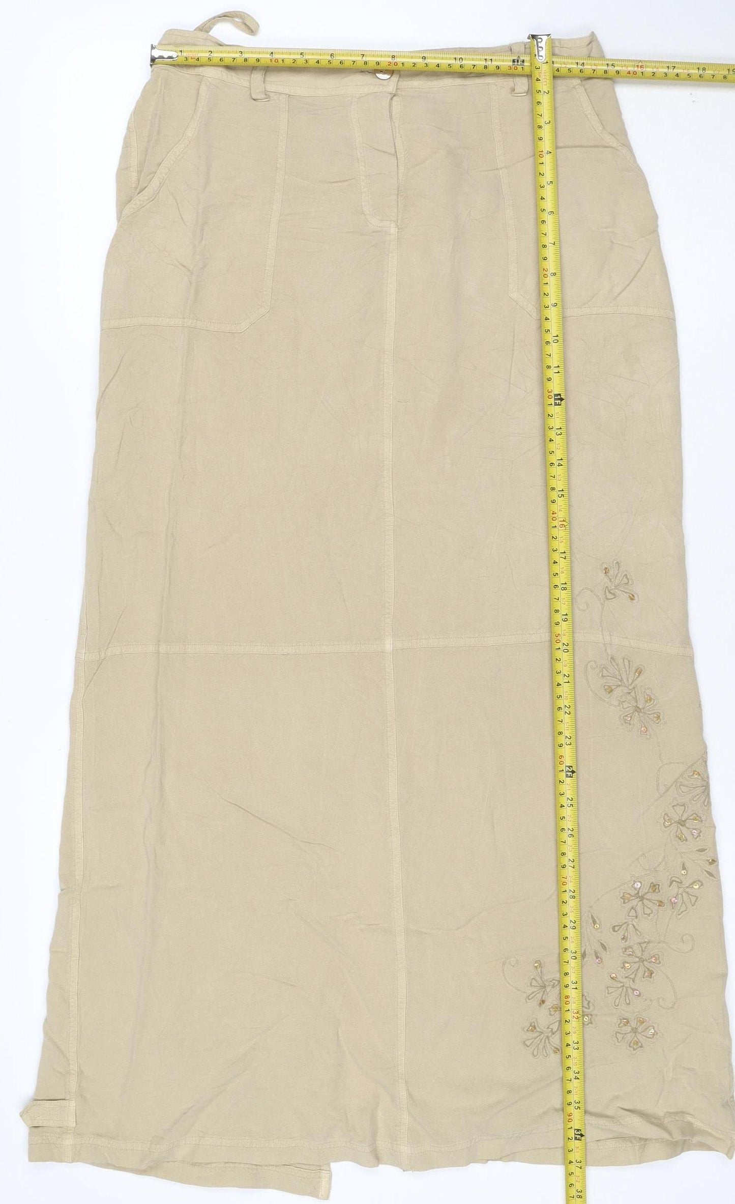 Wallis Women Beige Embroidered Floral A-Line Midi Skirt Size 12
