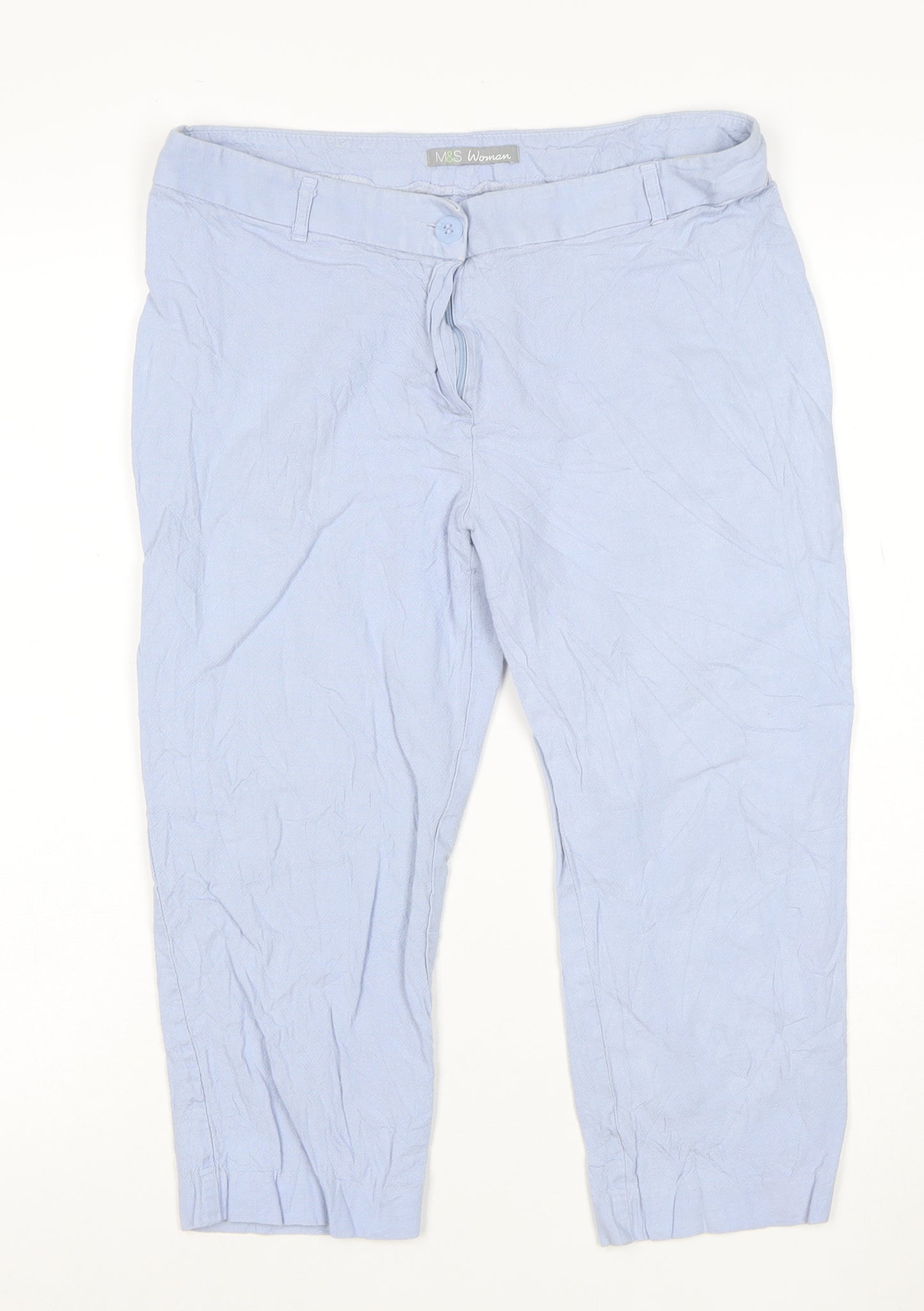 Marks and Spencer Women's Blue Linen Blend Cropped Trousers Size 12
