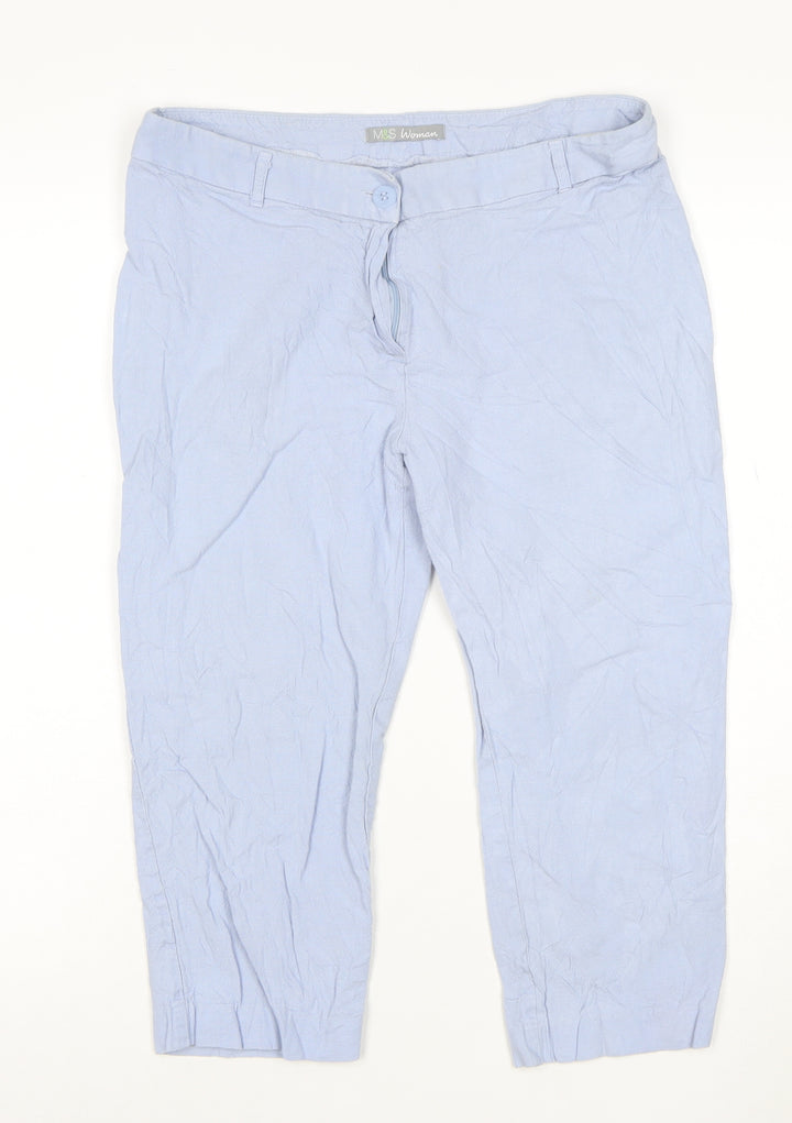 Marks and Spencer Women's Blue Linen Blend Cropped Trousers Size 12