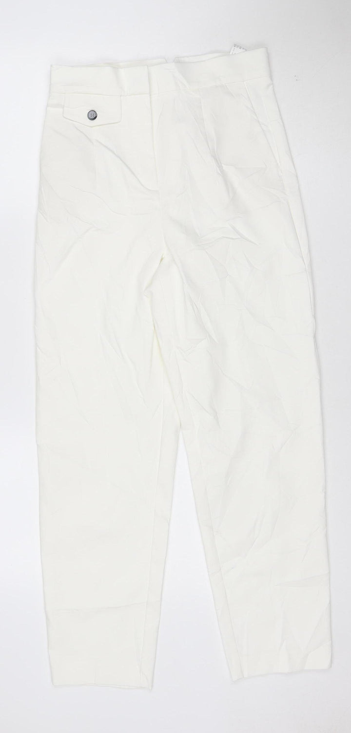 Zara Women White M Cropped Trousers Cotton Blend Classic Style
