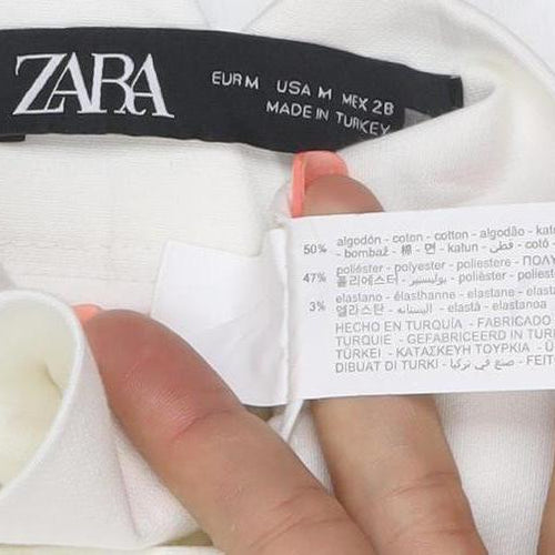 Zara Women White M Cropped Trousers Cotton Blend Classic Style