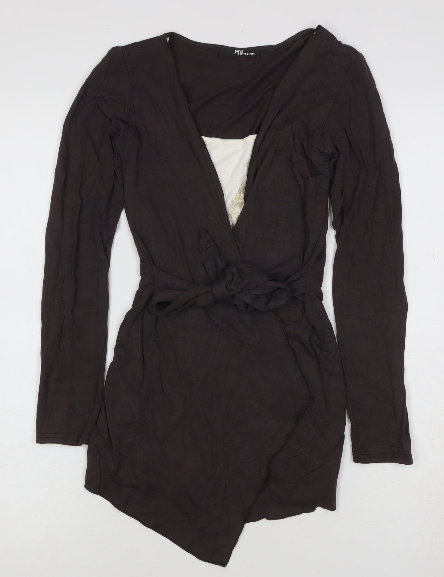 Jane Norman Womens Brown Wrap Long Sleeve Belted Top Size 10