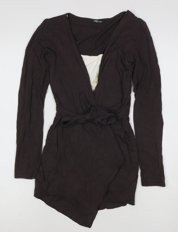 Jane Norman Womens Brown Wrap Long Sleeve Belted Top Size 10