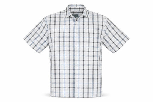 Front view of Hawkshead Men's Blue Check Short Sleeve Button-Up Shirt, size L