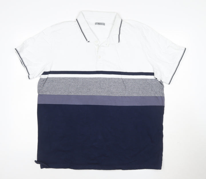 Tu Man White Navy Grey Striped Polo Shirt XL Cotton Short Sleeve