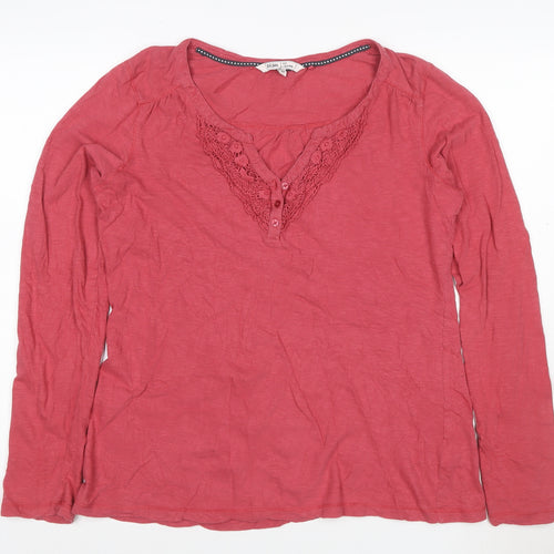 Fat Face Women's Pink Cotton Long Sleeve Crochet V-Neck Top Size 16