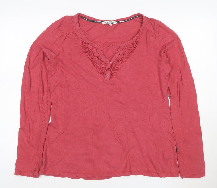 Fat Face Women's Pink Cotton Long Sleeve Crochet V-Neck Top Size 16