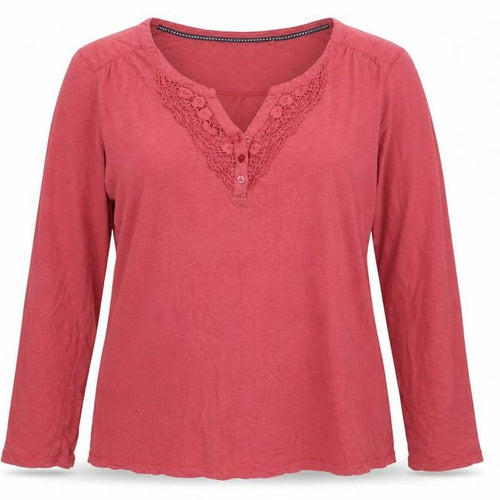 FatFace Women's Pink Cotton Long Sleeve Crochet V-Neck Top Size 16