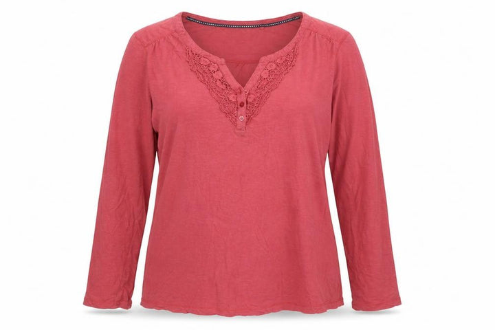 FatFace Women's Pink Cotton Long Sleeve Crochet V-Neck Top Size 16