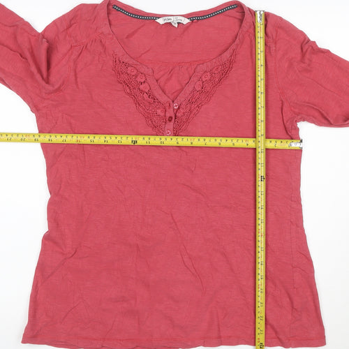 Fat Face Women's Pink Cotton Long Sleeve Crochet V-Neck Top Size 16