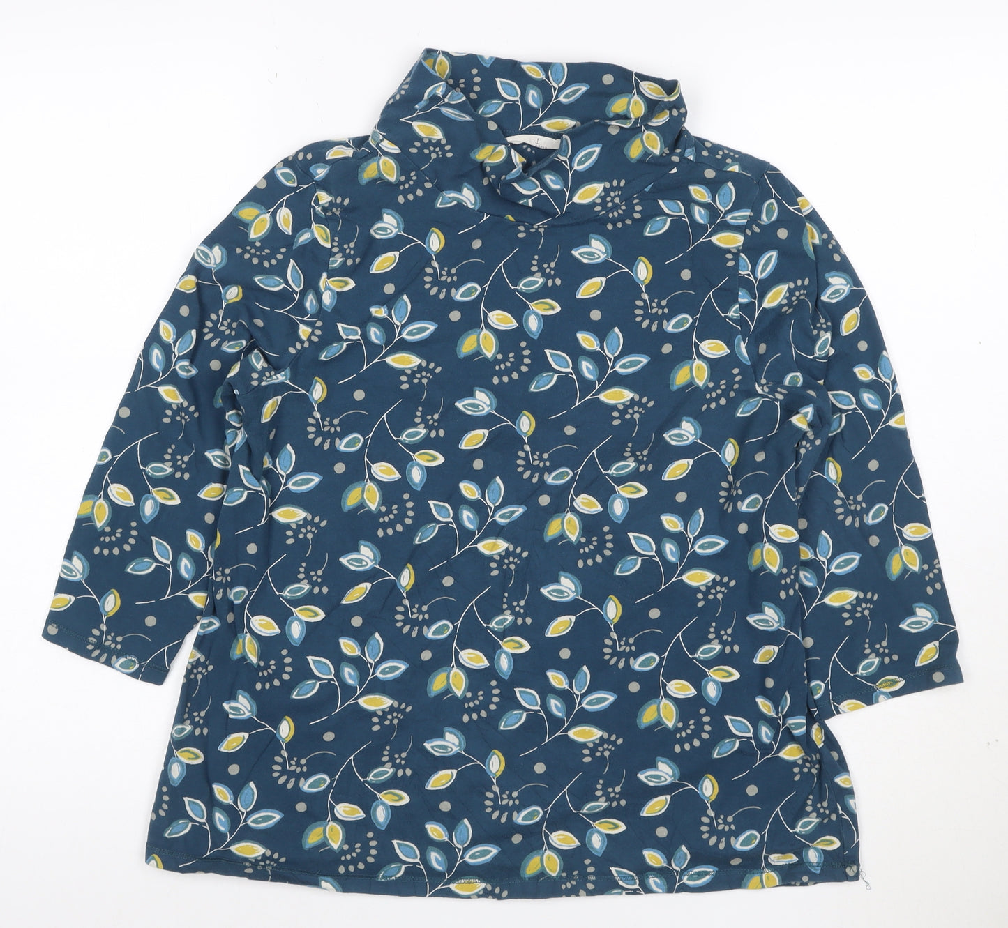 Seasalt Women Blue Floral Tunic Top Size 12 Cotton Cowl Neck 3/4 Sleeve