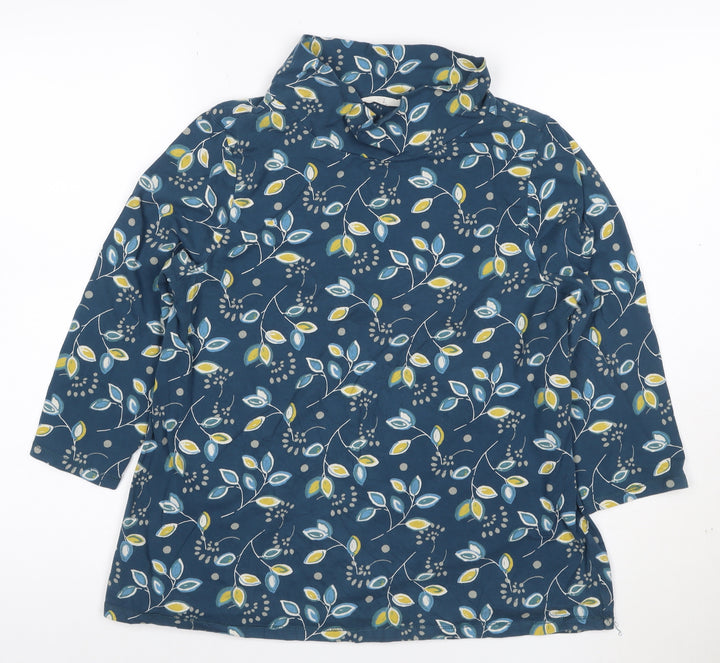 Seasalt Women Blue Floral Tunic Top Size 12 Cotton Cowl Neck 3/4 Sleeve