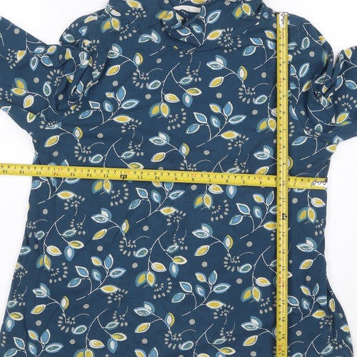 Seasalt Women Blue Floral Tunic Top Size 12 Cotton Cowl Neck 3/4 Sleeve