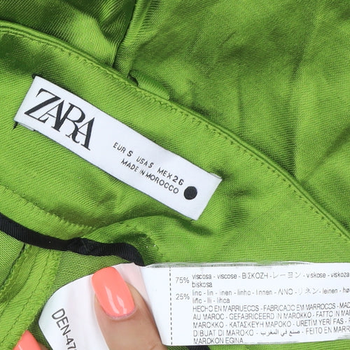 Zara Women Green Linen Blend Wide-Leg Trousers Size S