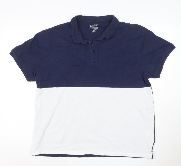 Easy Men's Blue & White Colourblock Cotton Polo Shirt XL
