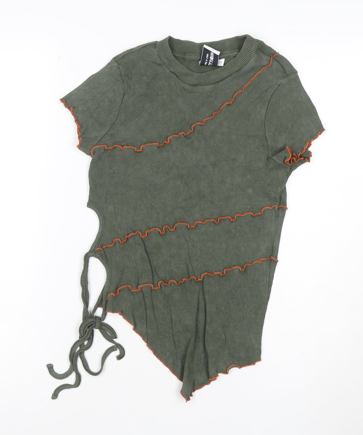Collusion Womens Green Cropped Ruffle Tie T-Shirt UK 10