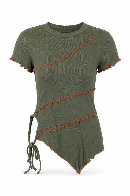Front view of Collusion women’s green cropped ruffle tie t-shirt uk 10