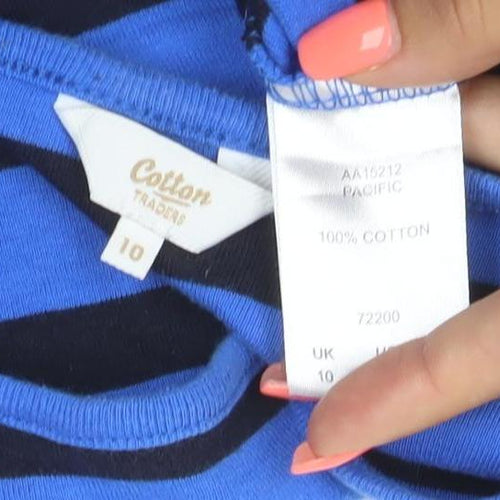 Cotton Traders Women Blue Striped Basic Long Sleeve T-Shirt Size 10
