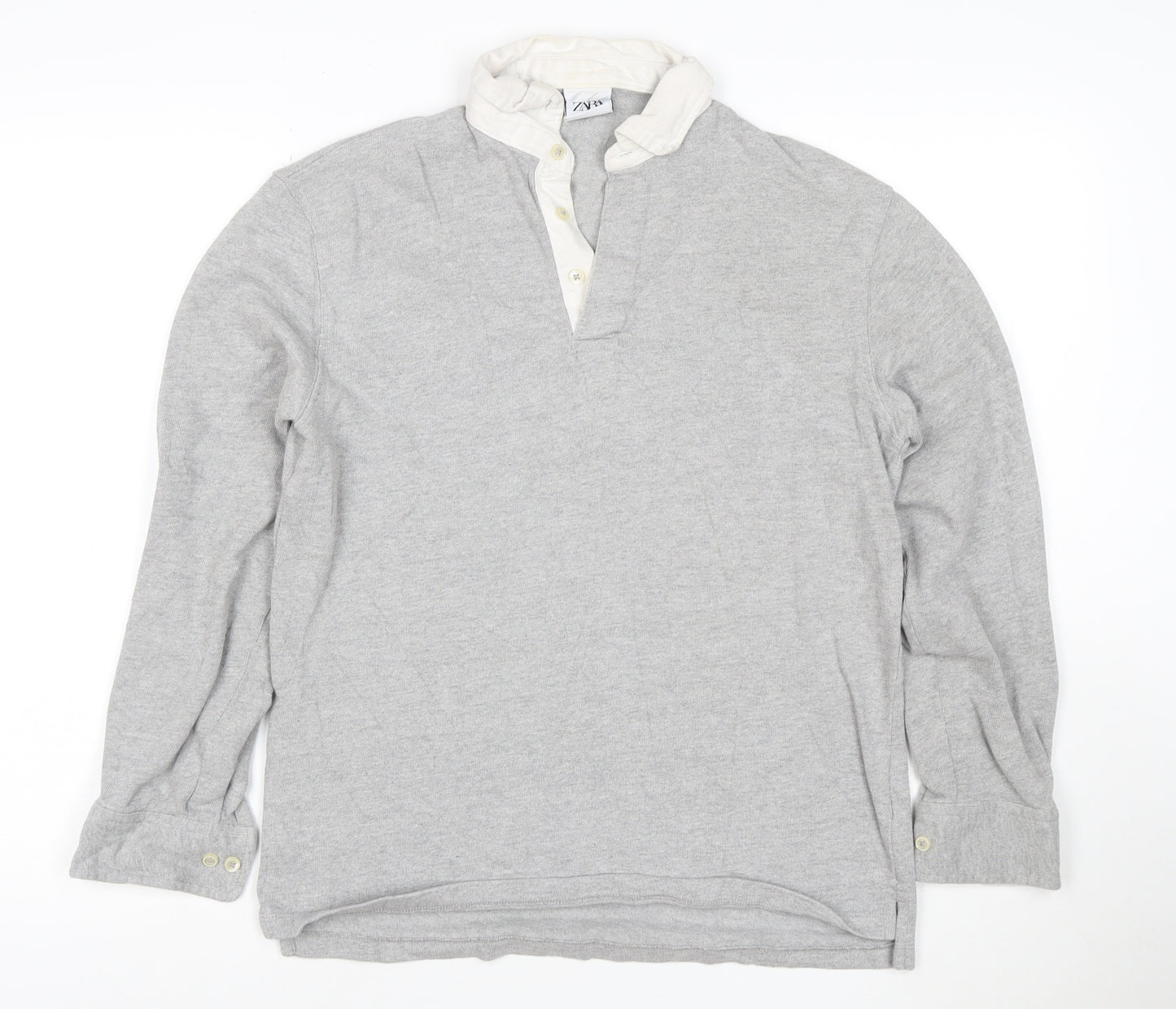 Zara Men’s Grey Long Sleeve Cotton Polo Shirt Size S