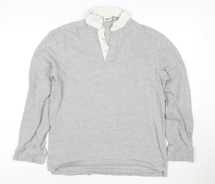 Zara Men’s Grey Long Sleeve Cotton Polo Shirt Size S