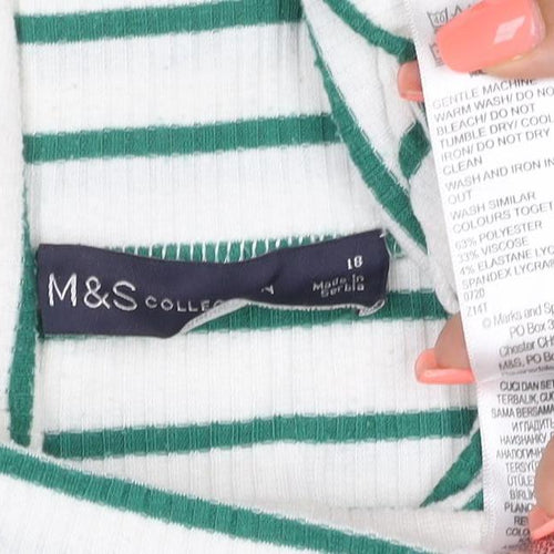 Marks and Spencer Women's White Green Stripe Roll Neck Top Size 18