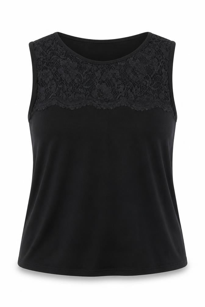 Front view of Red Herring Women’s Black Lace Panel Sleeveless Tank Top, size UK 12