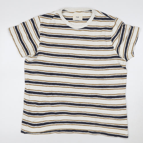 Folk Women’s Beige and Navy Striped Short Sleeve Cotton T-Shirt Size M