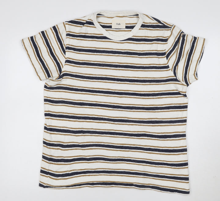 Folk Women’s Beige and Navy Striped Short Sleeve Cotton T-Shirt Size M