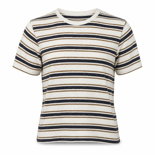 Front view of Folk Women’s Beige and Navy Striped Short Sleeve Cotton T-Shirt, size M
