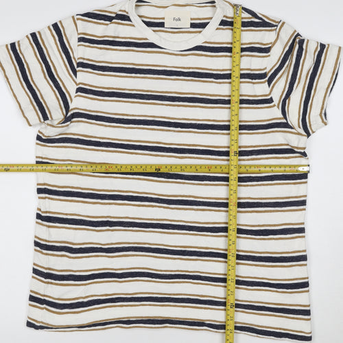 Folk Women’s Beige and Navy Striped Short Sleeve Cotton T-Shirt Size M