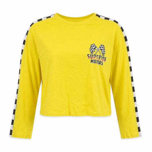 Front view of H&M Divided Women's Yellow Cropped Long Sleeve Racing T-Shirt -, size S