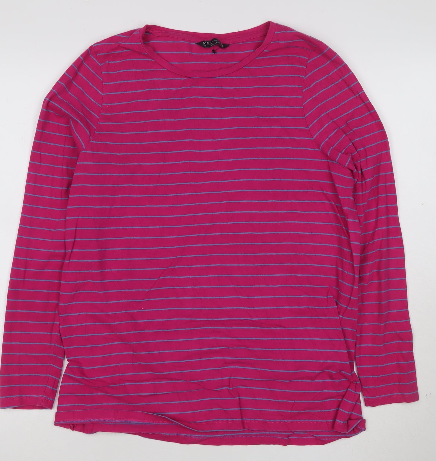 Marks and Spencer Women's Pink Striped Long Sleeve Cotton T-Shirt Size 18