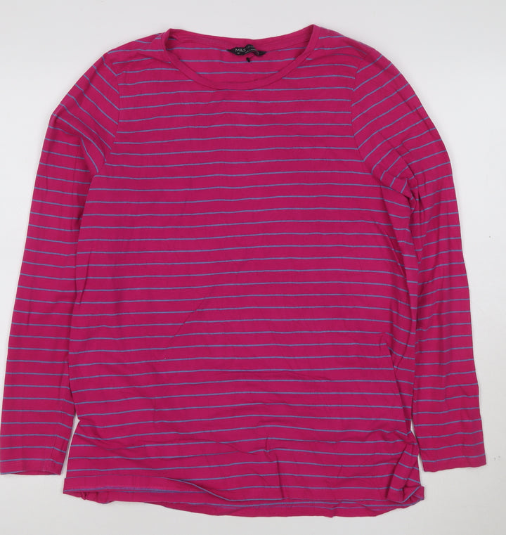 Marks and Spencer Women's Pink Striped Long Sleeve Cotton T-Shirt Size 18