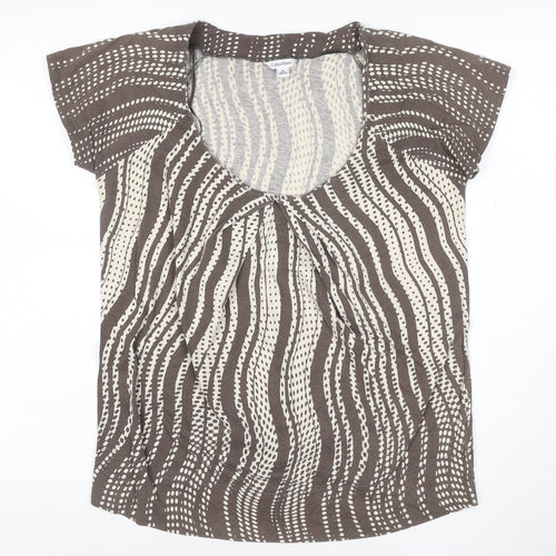 Calvin Klein Women Brown Beige Patterned 100% Cotton Scoop Neck T-Shirt M