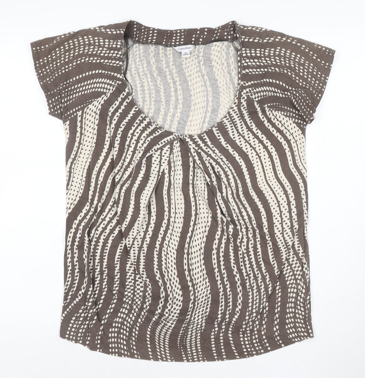 Calvin Klein Women Brown Beige Patterned 100% Cotton Scoop Neck T-Shirt M