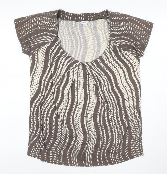 Calvin Klein Women Brown Beige Patterned 100% Cotton Scoop Neck T-Shirt M