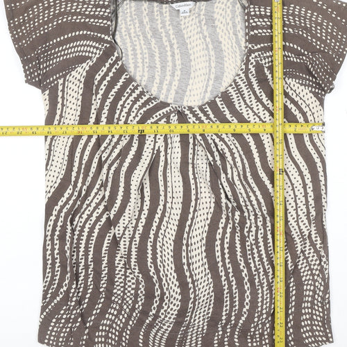 Calvin Klein Women Brown Beige Patterned 100% Cotton Scoop Neck T-Shirt M