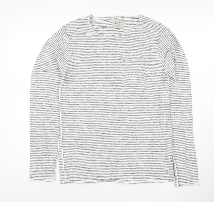 Blend Unisex Grey Striped Long Sleeve Cotton T-Shirt Size S