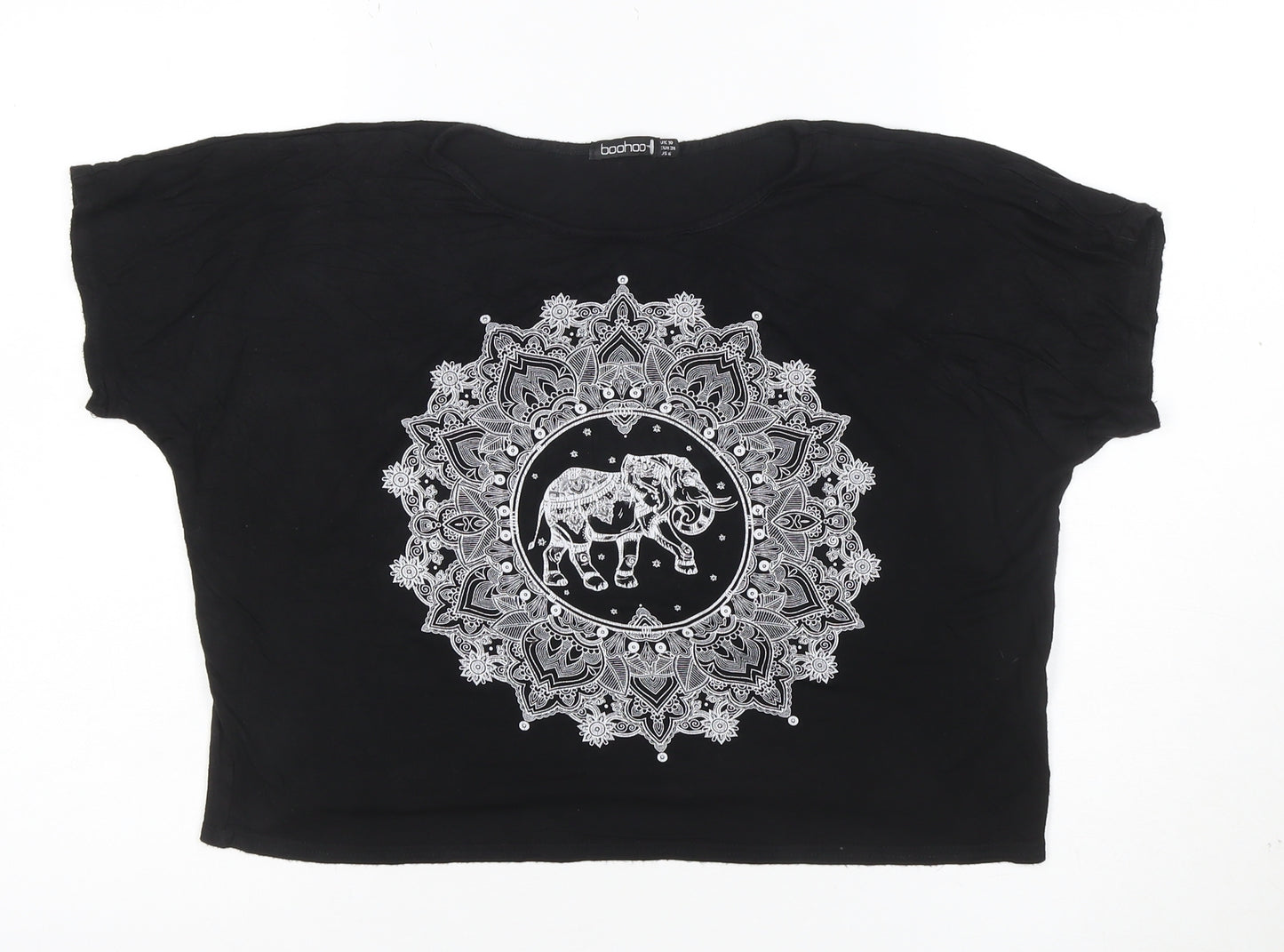 Boohoo Women's Black Elephant Cropped T-Shirt Size 10 Viscose Jersey