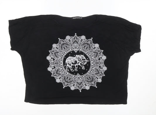 Boohoo Women's Black Elephant Cropped T-Shirt Size 10 Viscose Jersey