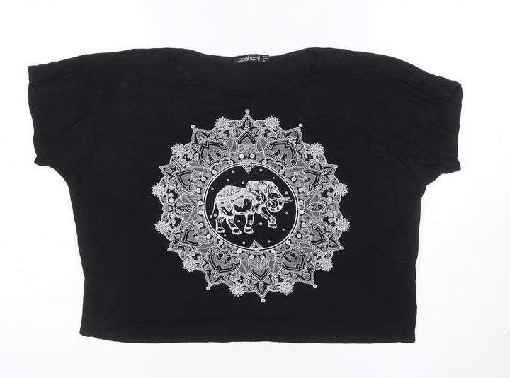 Boohoo Women's Black Elephant Cropped T-Shirt Size 10 Viscose Jersey