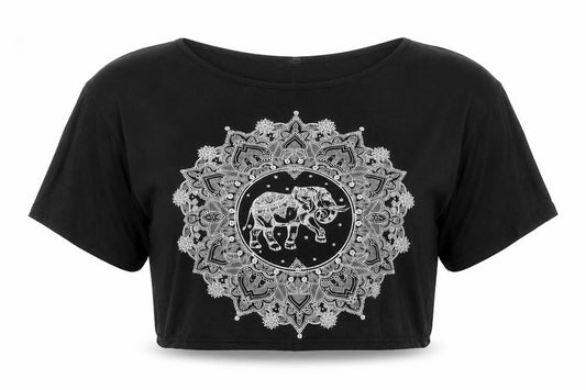 Front view of Boohoo Women's Black Elephant Cropped T-Shirt, size 10, Viscose Jersey