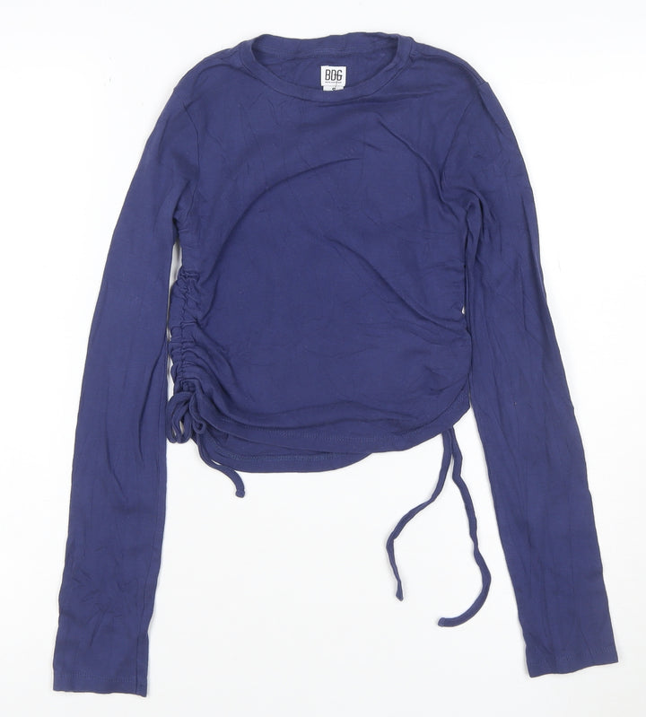 BDG Women’s Blue Cropped Long Sleeve Crew Neck Adjustable Cotton Top S