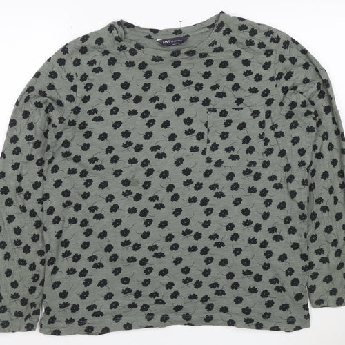 Marks and Spencer Womens Green Floral Cotton Long Sleeve T-Shirt Size 14