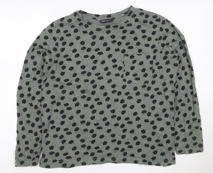 Marks and Spencer Womens Green Floral Cotton Long Sleeve T-Shirt Size 14