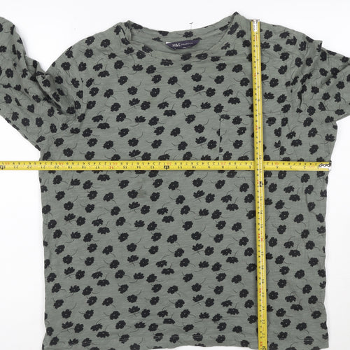 Marks and Spencer Womens Green Floral Cotton Long Sleeve T-Shirt Size 14